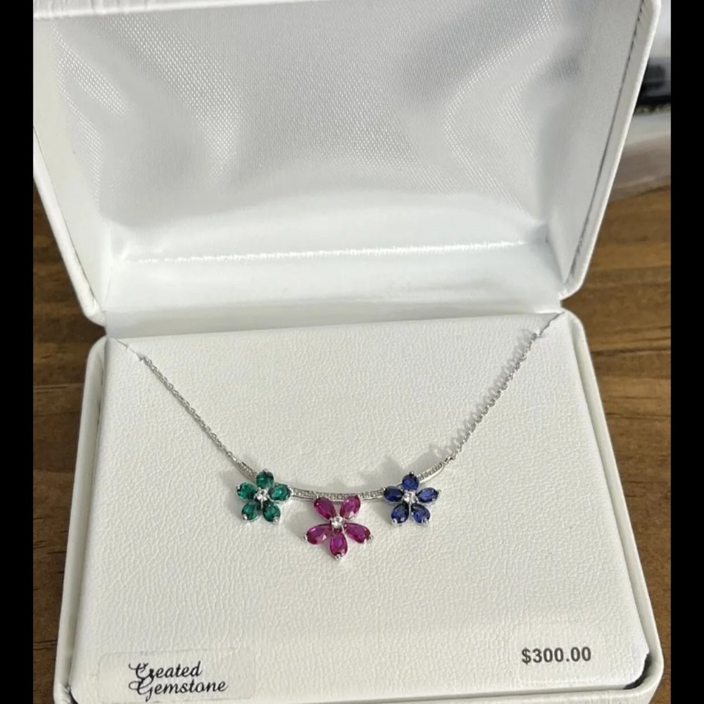 Sterling Silver 1/10 Carat T.W. Diamond & Gemstone Flower Necklace 18" MSRP $300